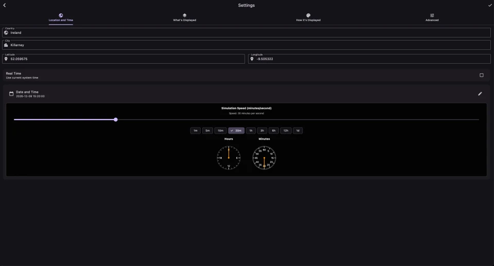 The Location and Time settings tab