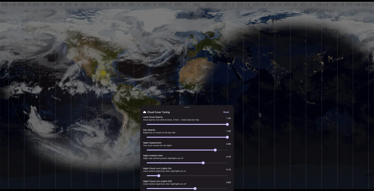 Flat map with the Cloud Tuning panel open showing opacity sliders