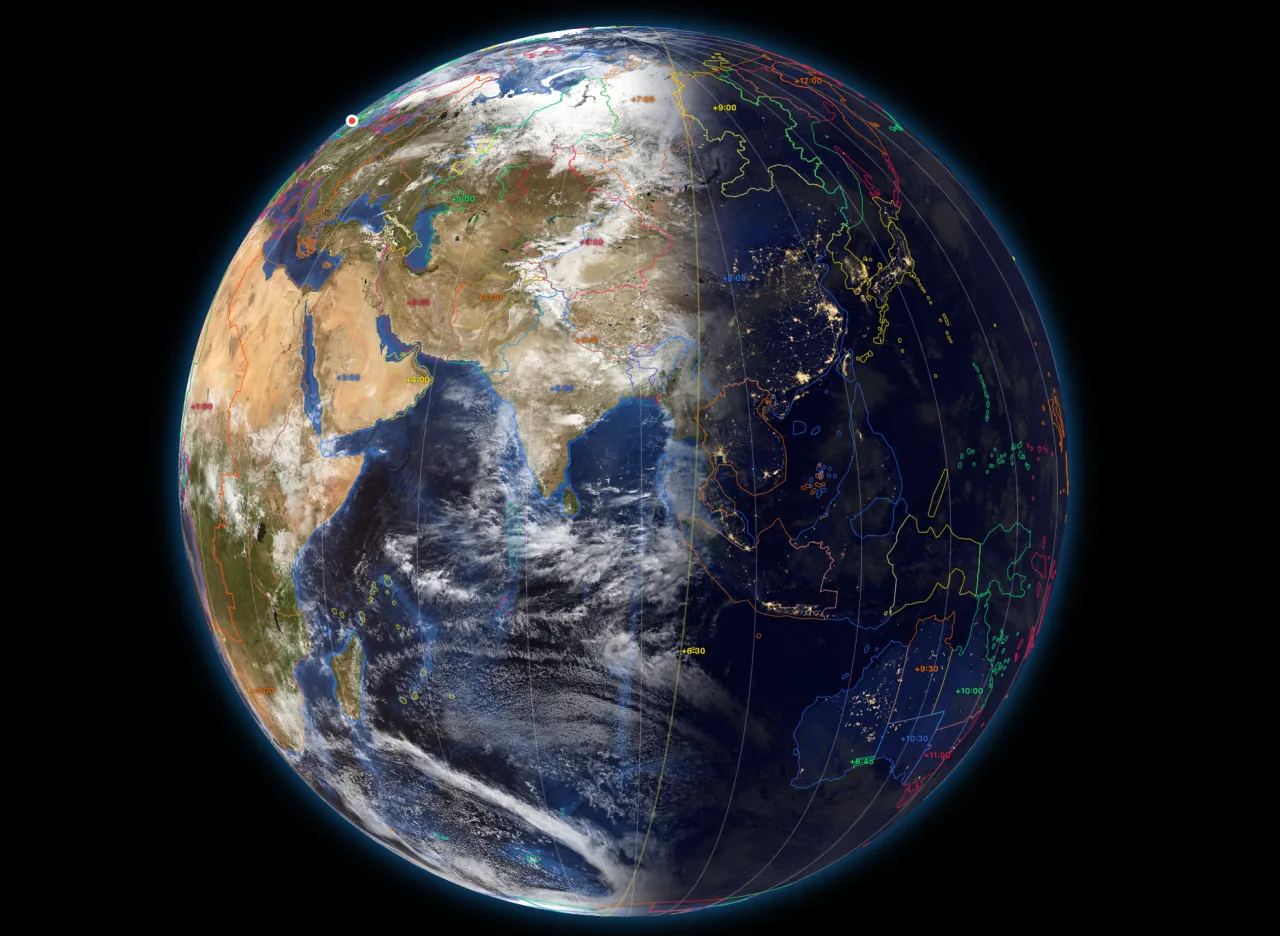 Globe with political IANA timezone boundaries overlaid